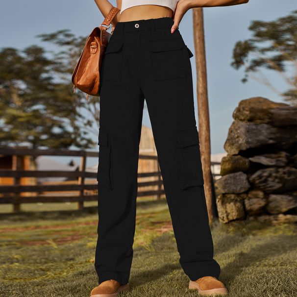 Women's Clothing Washed Semi Elastic Multi Pocket Denim Work Casual Pants_mkmklike.com