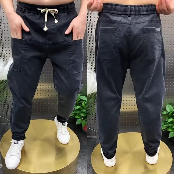 Spring And Summer New Men's Elastic Waist Jeans Versatile Straight Tooling Multi-pocket Casual Long Pants Tethered Harlan Pants_mkmklike.com