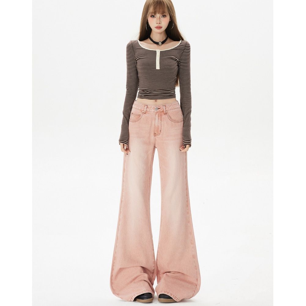 Minghai American Retro Rainbow Pink Jeans For Women, New Low-waist, Trendy, Floor-length, Non-tight-fitting, Slightly_mkmklike.com
