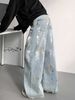 Men's Distressed Splatter Paint Jeans – Vintage-Inspired Streetwear Baggy Denim Pants, Oversized Straight-Leg With Artistic Graffiti Wash_mkmklike.com