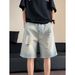 Men's Loose Fitting Plus Size Light Washed Denim Shorts Summer Thin Ripped Distressed Mid-Length Casual Beachwear_mkmklike.com