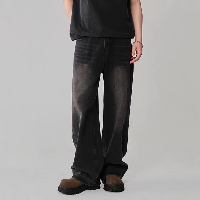 Vintage Washed Denim Jeans For Men - Relaxed Straight Fit, Streetwear Fashion, Comfortable & Stylish (Black Gray, Light Blue, Retro Blue)_mkmklike.com