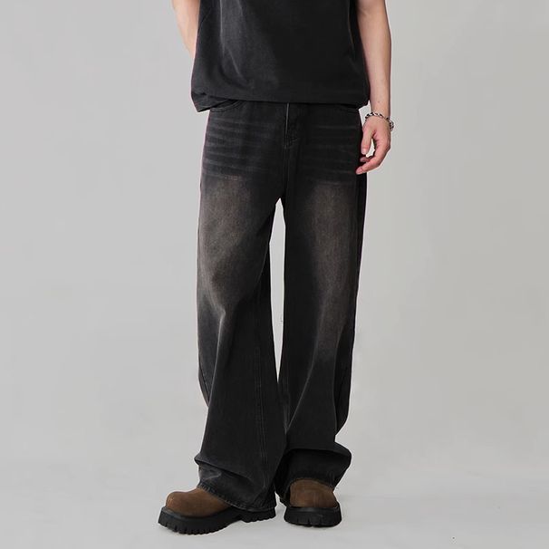 Vintage Washed Denim Jeans For Men - Relaxed Straight Fit, Streetwear Fashion, Comfortable & Stylish (Black Gray, Light Blue, Retro Blue)_mkmklike.com