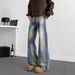 Men's Washed Denim Jeans High Street Vibe Retro Distressed Dirtyfit Slightly Flared Wide Leg Pants Mid Waist Black Gray_mkmklike.com