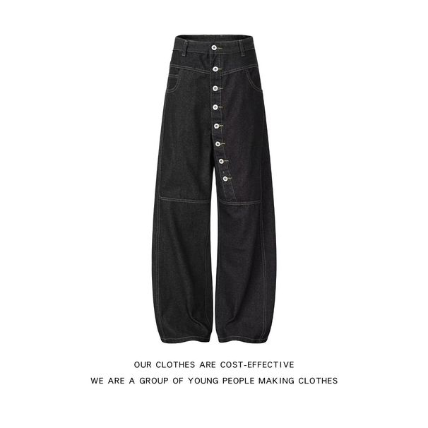 Men's Clothing Trendy Denim Cargo Pants Hip Hop Style Slanted Button Closure Loose Wide Leg Design_mkmklike.com