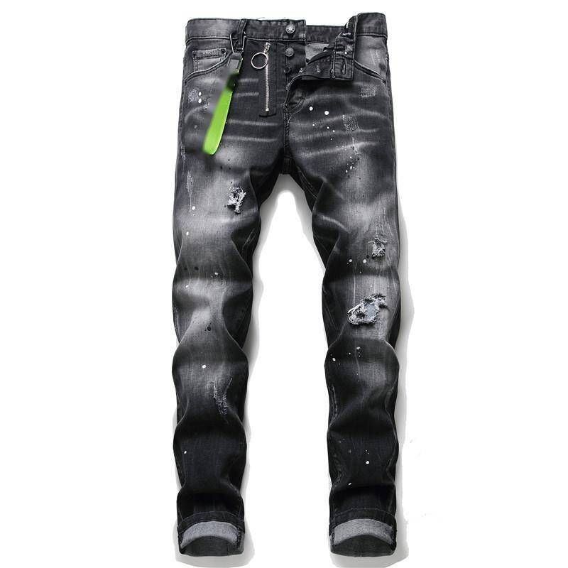European American Tattered And Repainted Men's Slim Fit Ripped Patch Fabric Elastic D2 Jeans Tight Beggar Pants_mkmklike.com