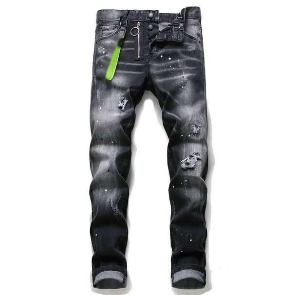 European American Tattered And Repainted Men's Slim Fit Ripped Patch Fabric Elastic D2 Jeans Tight Beggar Pants_mkmklike.com