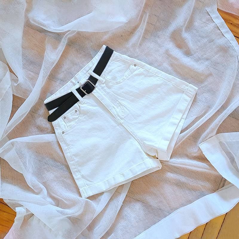 Women's High-Waisted White Denim Shorts Summer Trendy Slimming Versatile Rolled-Up A-Line Wide Leg Pants_mkmklike.com