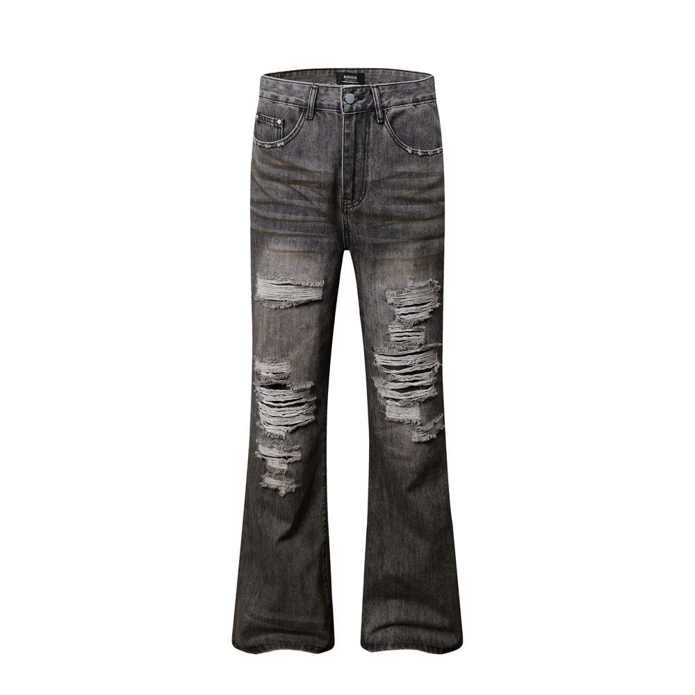 Heavy-duty Ripped Frayed Flared Jeans For Men, Autumn American Style Trendy Brand, Washed And Distressed Loose Wide-leg_mkmklike.com