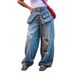 Women's Stacked Waist Distressed Straight Leg Jeans Blue Denim Casual Wide Leg Trousers Streetwear_mkmklike.com