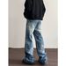Men's Clothing Men's Cleanfit Lightning Crackle Washed Denim Jeans High Street Loose Straight Leg Flared Pants Retro Style_mkmklike.com