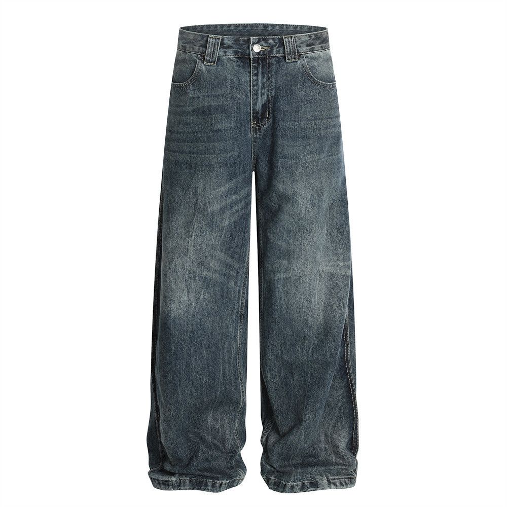 Washed Vintage Jeans American Street Style Loose Casual Straight Long Pants Men's Wide-Leg Trousers_mkmklike.com