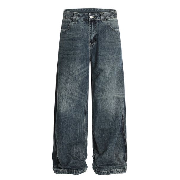 Washed Vintage Jeans American Street Style Loose Casual Straight Long Pants Men's Wide-Leg Trousers_mkmklike.com