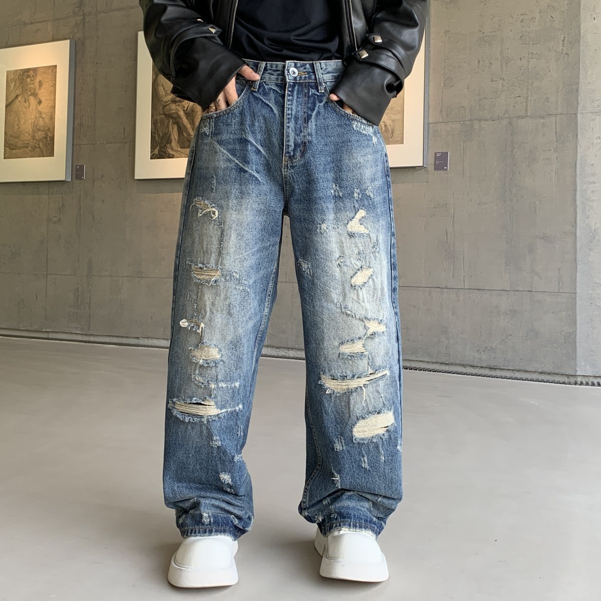 Vintage Distressed Men's Relaxed Fit Wide Leg Jeans | High Street Style | Handmade Ripped Details | Comfortable Cotton Denim_mkmklike.com