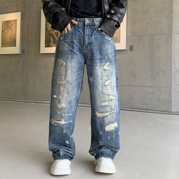 Vintage Distressed Men's Relaxed Fit Wide Leg Jeans | High Street Style | Handmade Ripped Details | Comfortable Cotton Denim_mkmklike.com