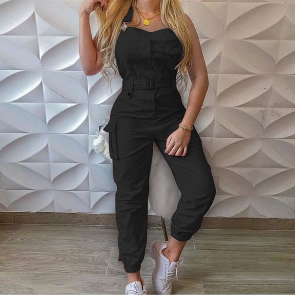 Women's fashion cargo jumpsuit belt sleeveless suspenders simple constraint foot pants_mkmklike.com