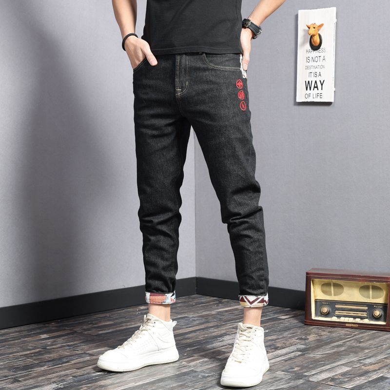 High End Jeans For Men's Korean Trendy Instagram Embroidery Print Reward Light Luxury Fashion Casual Pants_mkmklike.com
