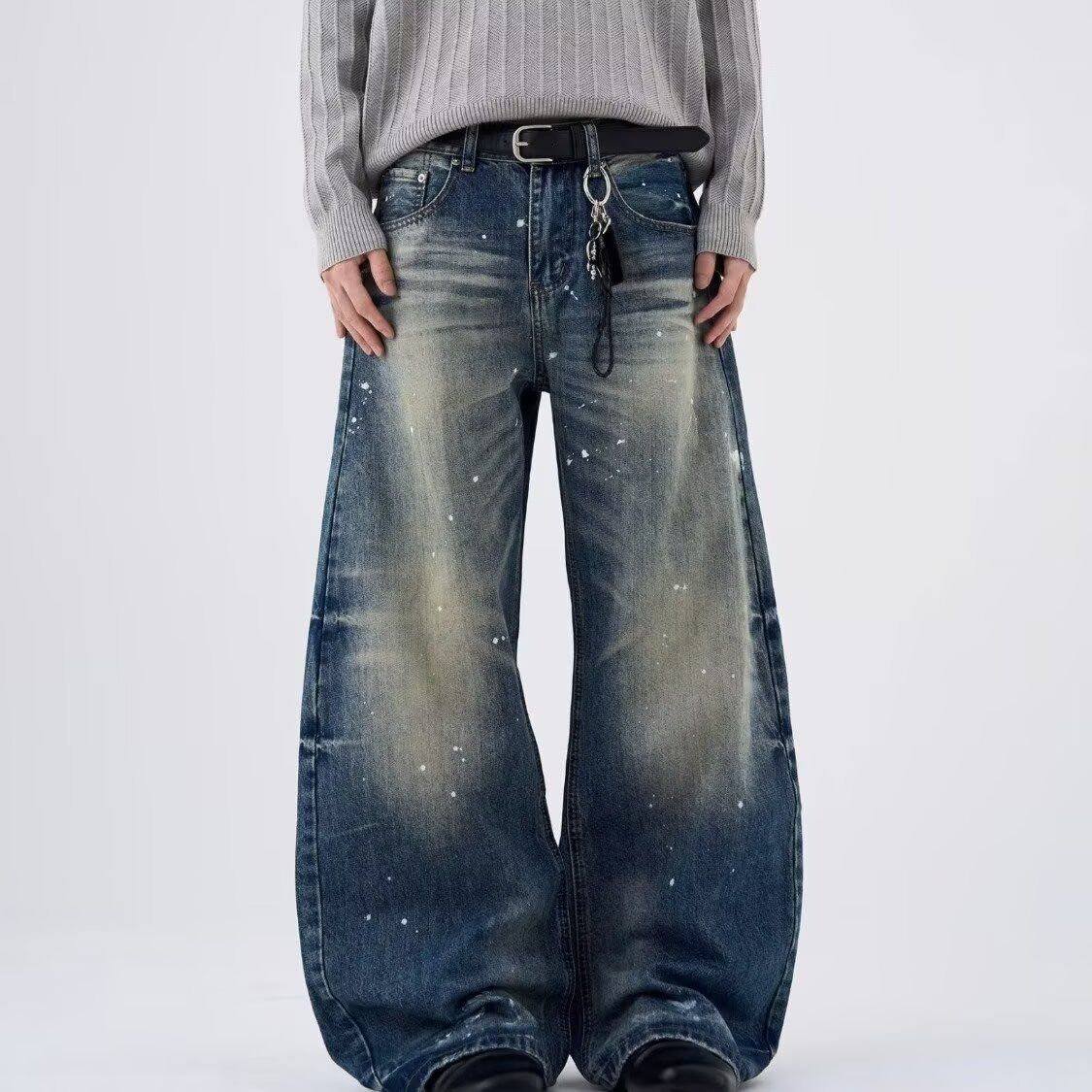 Women's Distressed High-Waisted Straight Leg Jeans With Paint Splatter & Tuck Details Relaxed Fit Stretch Denim Pants_mkmklike.com