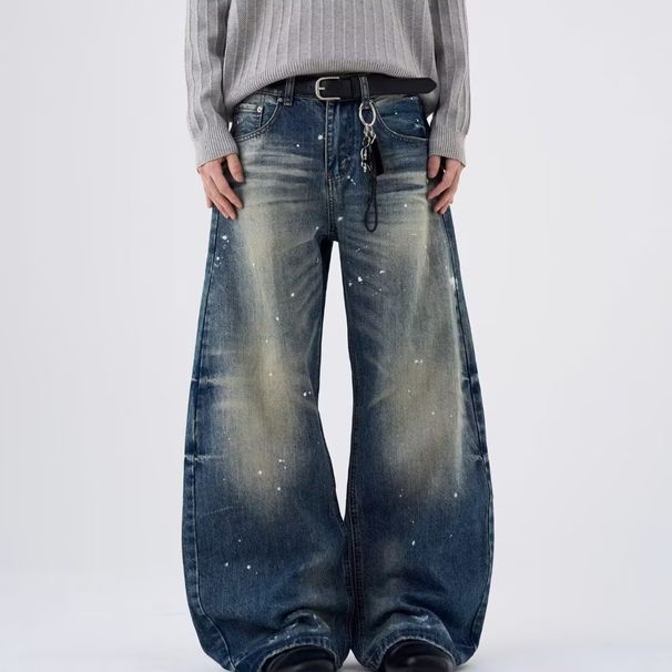 Women's Distressed High-Waisted Straight Leg Jeans With Paint Splatter & Tuck Details Relaxed Fit Stretch Denim Pants_mkmklike.com