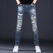 Men's Slim Fit Stretchy Ripped Denim Jeans Blue Distressed Trousers Simple Style_mkmklike.com