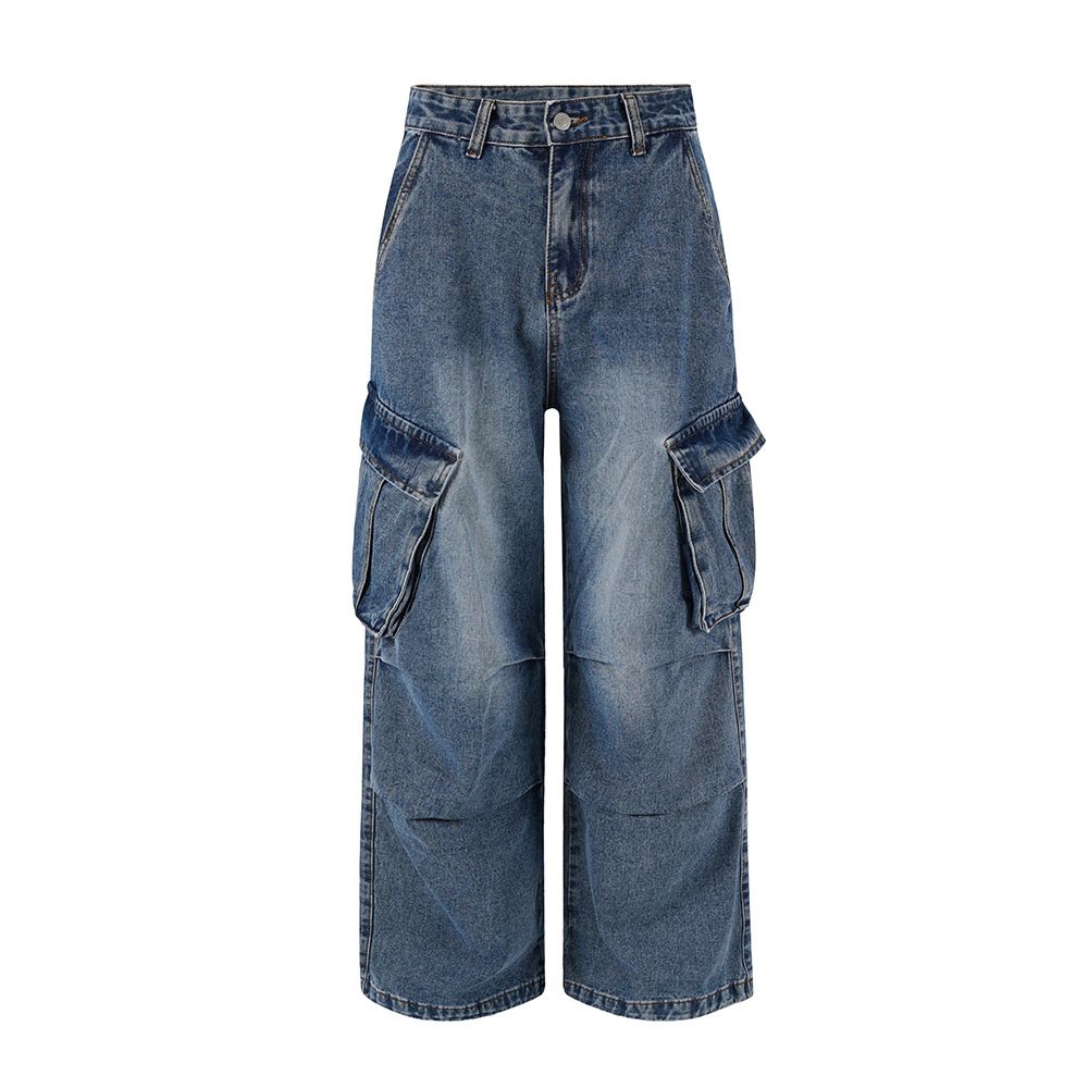 Trendy High Street Washed Denim Cargo Men's Multi-Pocket Design Wrinkled Vintage Loose Wide-Leg Pants_mkmklike.com