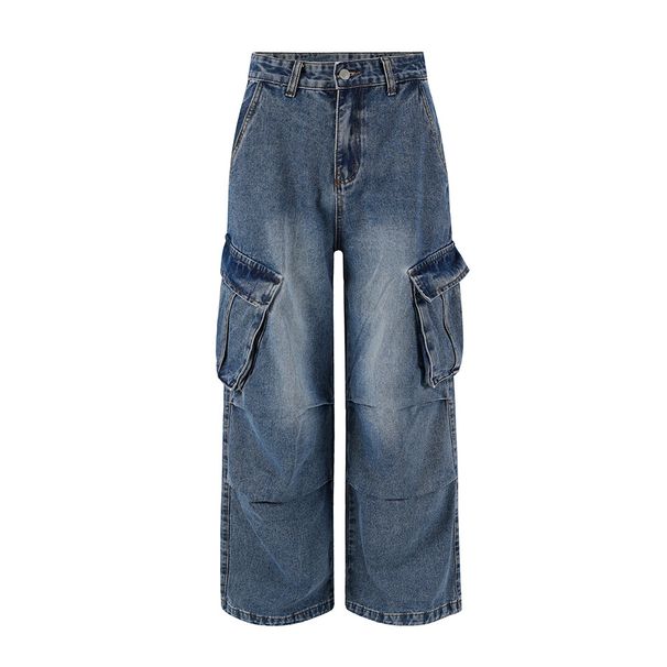 Trendy High Street Washed Denim Cargo Men's Multi-Pocket Design Wrinkled Vintage Loose Wide-Leg Pants_mkmklike.com