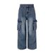 Trendy High Street Washed Denim Cargo Men's Multi-Pocket Design Wrinkled Vintage Loose Wide-Leg Pants_mkmklike.com