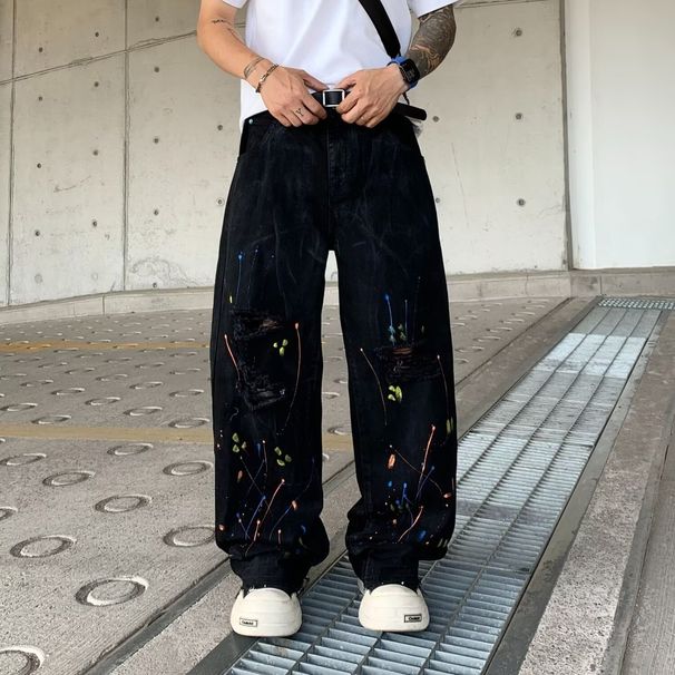Men's Retro Straight Leg Jeans Washed Distressed Inkjet Design Trendy Loose Wide Leg Pants Summer Style_mkmklike.com