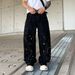Men's Retro Straight Leg Jeans Washed Distressed Inkjet Design Trendy Loose Wide Leg Pants Summer Style_mkmklike.com