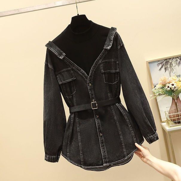 Women's Clothing Fashionable Shirt, Slim Temperament, Two Piece Long Sleeved Denim Top_mkmklike.com