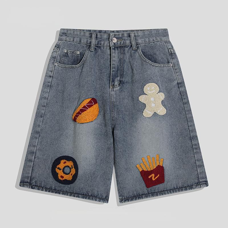 Men's Summer Thin Loose Denim Shorts High Street Style American Trendy And Cool Five Point Embroidery with Hamburger Fries Towel_mkmklike.com