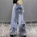 Women's Clothing Vintage Plus Size High-Waisted Flared Jeans – Distressed Hem, Embroidered Floral Details, Stretch Denim Wide-Leg Pants For Women_mkmklike.com