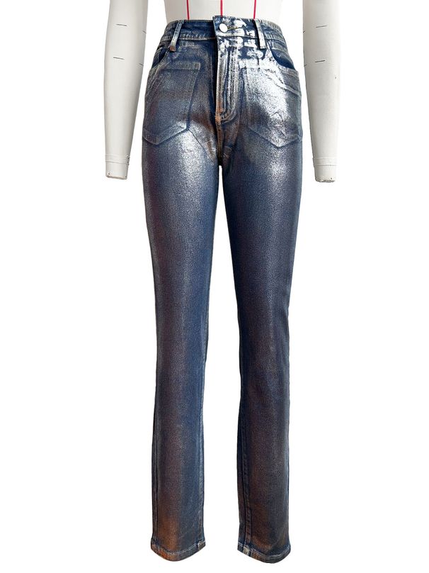 Women's Clothing Style Women's Tight Stretch Jeans Hot Stamping Silver Color Denim Fashion For Formal & Casual For Women_mkmklike.com