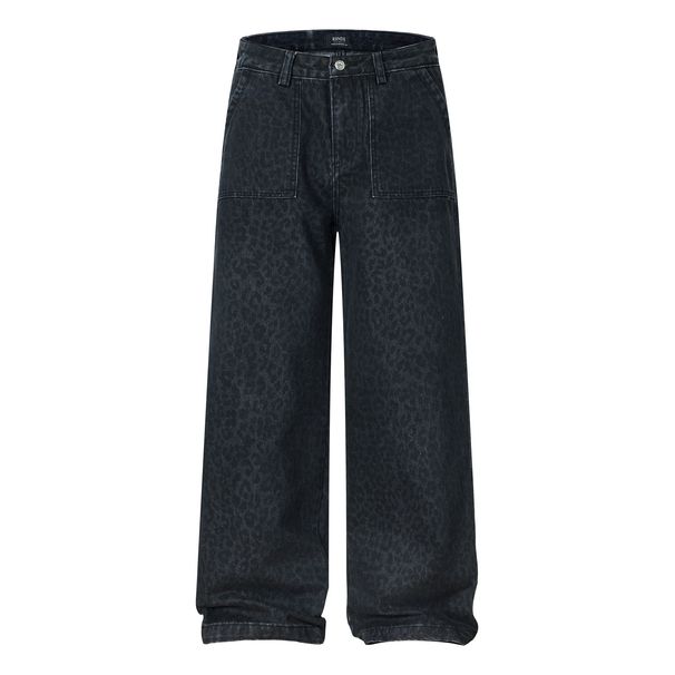 Men's Wide Leg Jeans Trendy Leopard Print Washed High End Design Loose Fit Casual Denim_mkmklike.com