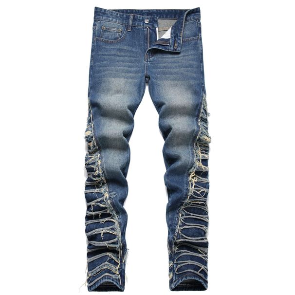 2024 New Street Fashion Heavy Washed Cat Whiskers Double-Layer Cuffed Non-Stretch Straight Loose Jeans_mkmklike.com