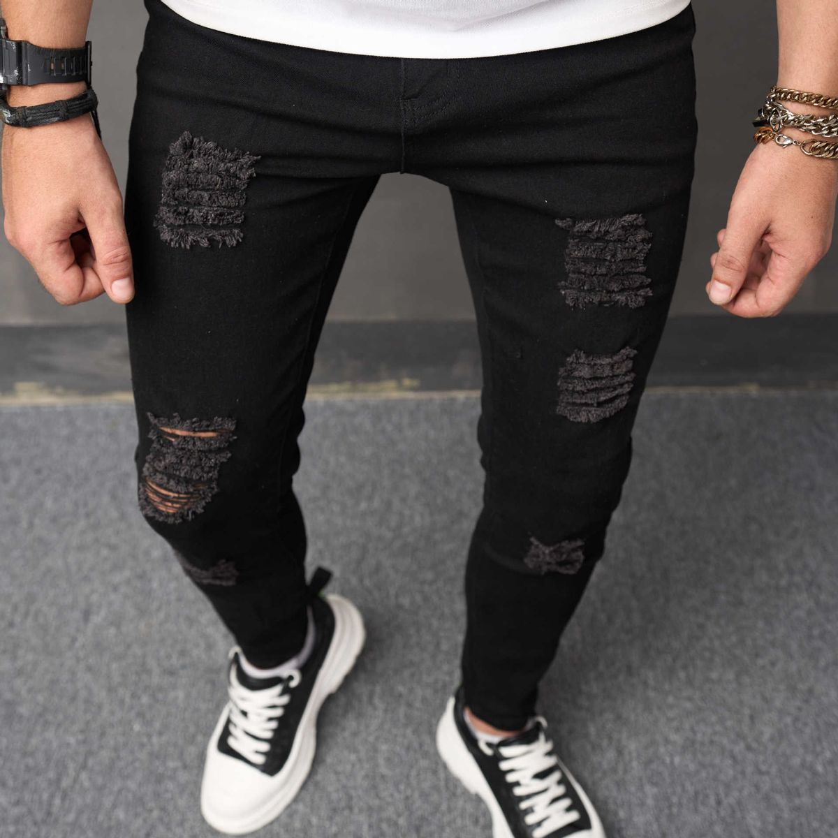 Men's Slim Fit Stretch Jeans - Classic Black Denim With Washed & Distressed Details - Straight Leg Comfort For Casual Wear_mkmklike.com