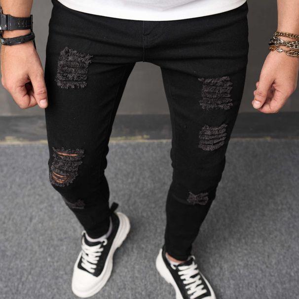Men's Slim Fit Stretch Jeans - Classic Black Denim With Washed & Distressed Details - Straight Leg Comfort For Casual Wear_mkmklike.com