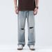 Current Summer Blue Ripped Wide-Leg Pants Young Korean Style Street Fashion Casual Versatile Straight-Leg Jeans For Men_mkmklike.com