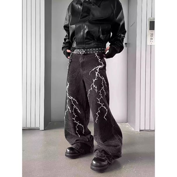 Lightning Embroidered Black Jeans Men's Straight Loose Fit Streetwear Hip Hop Baggy Pants For Casual & Trendy Outfits_mkmklike.com