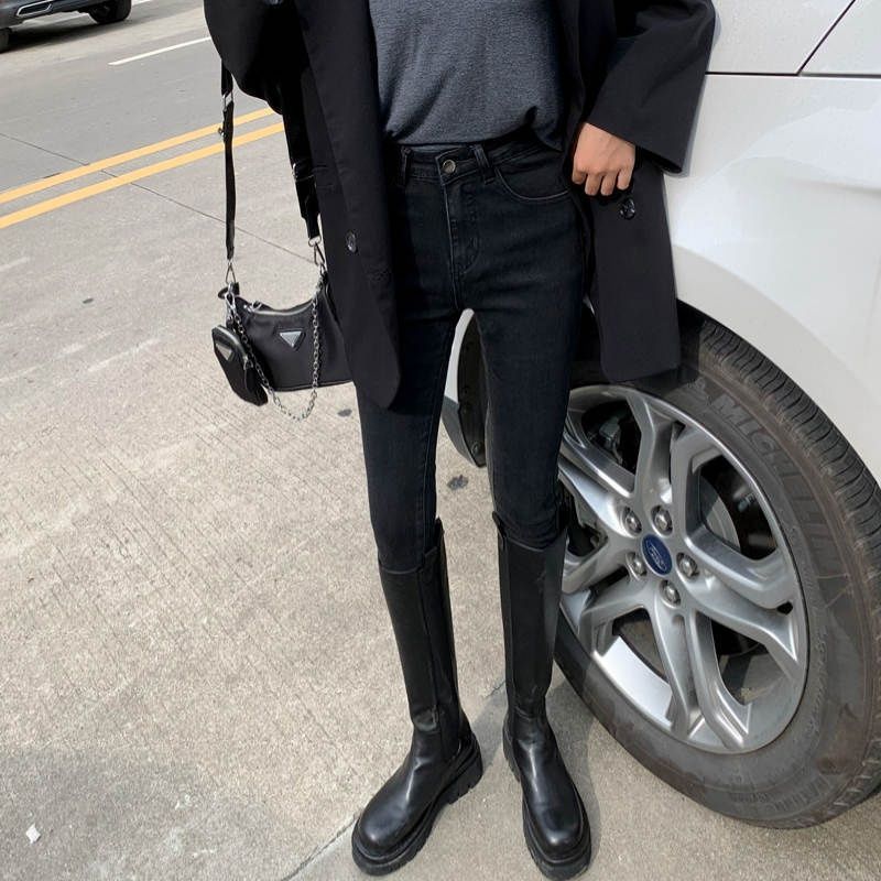 Direct From The Manufacturer, Fleece-lined, Thickened, Slim-fit, Cement Gray Skinny Jeans For Women, New Slimming And_mkmklike.com