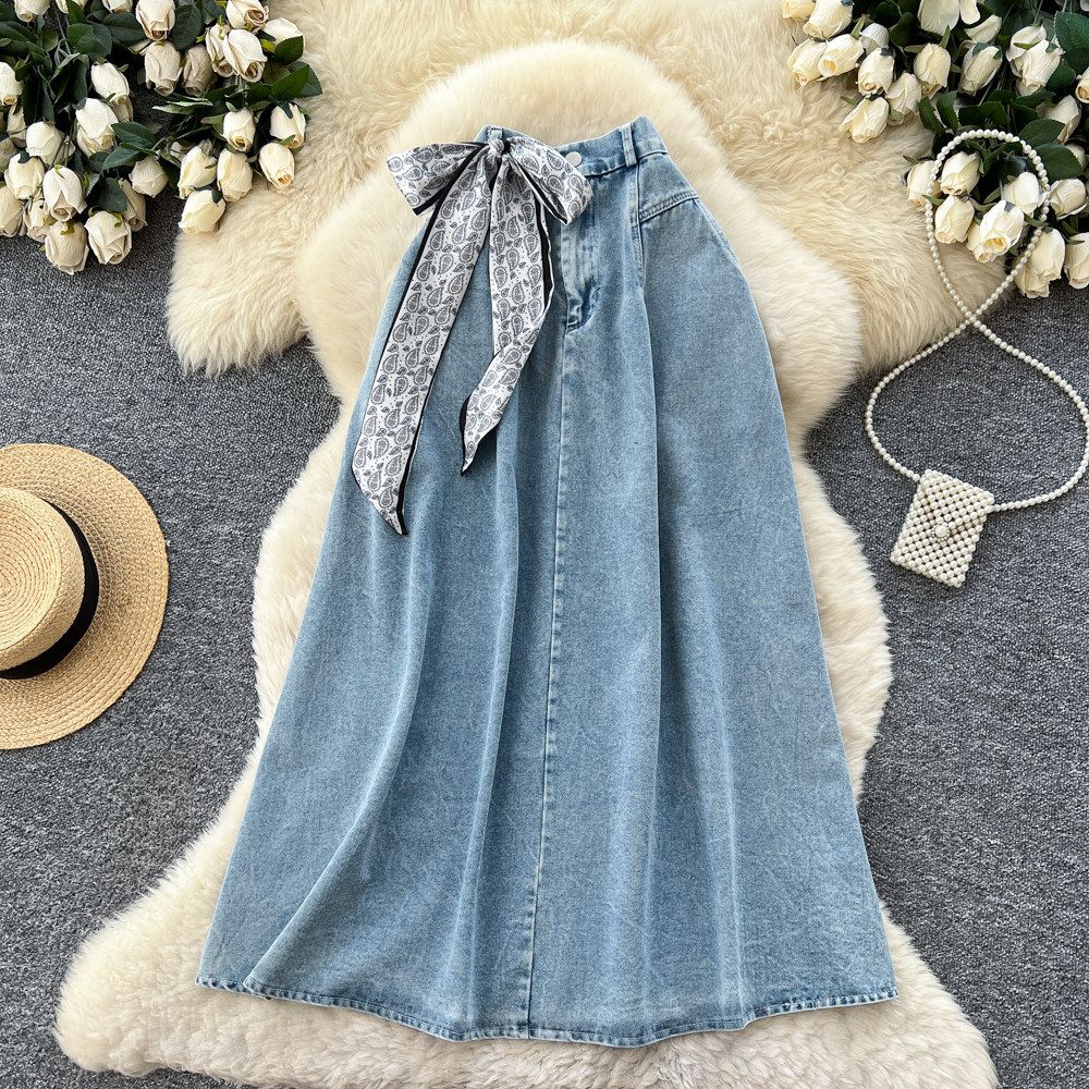 Korean Style Retro Silk Scarf Denim Midi Skirt For Women High Waisted Slimming A-Line Long Skirt Spring Commuting Hong Kong Style_mkmklike.com