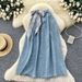 Korean Style Retro Silk Scarf Denim Midi Skirt For Women High Waisted Slimming A-Line Long Skirt Spring Commuting Hong Kong Style_mkmklike.com