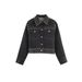 Women's Clothing Black Studded Short Denim Jacket Slim Fit Spring Fashion Versatile Workwear Streetwear_mkmklike.com