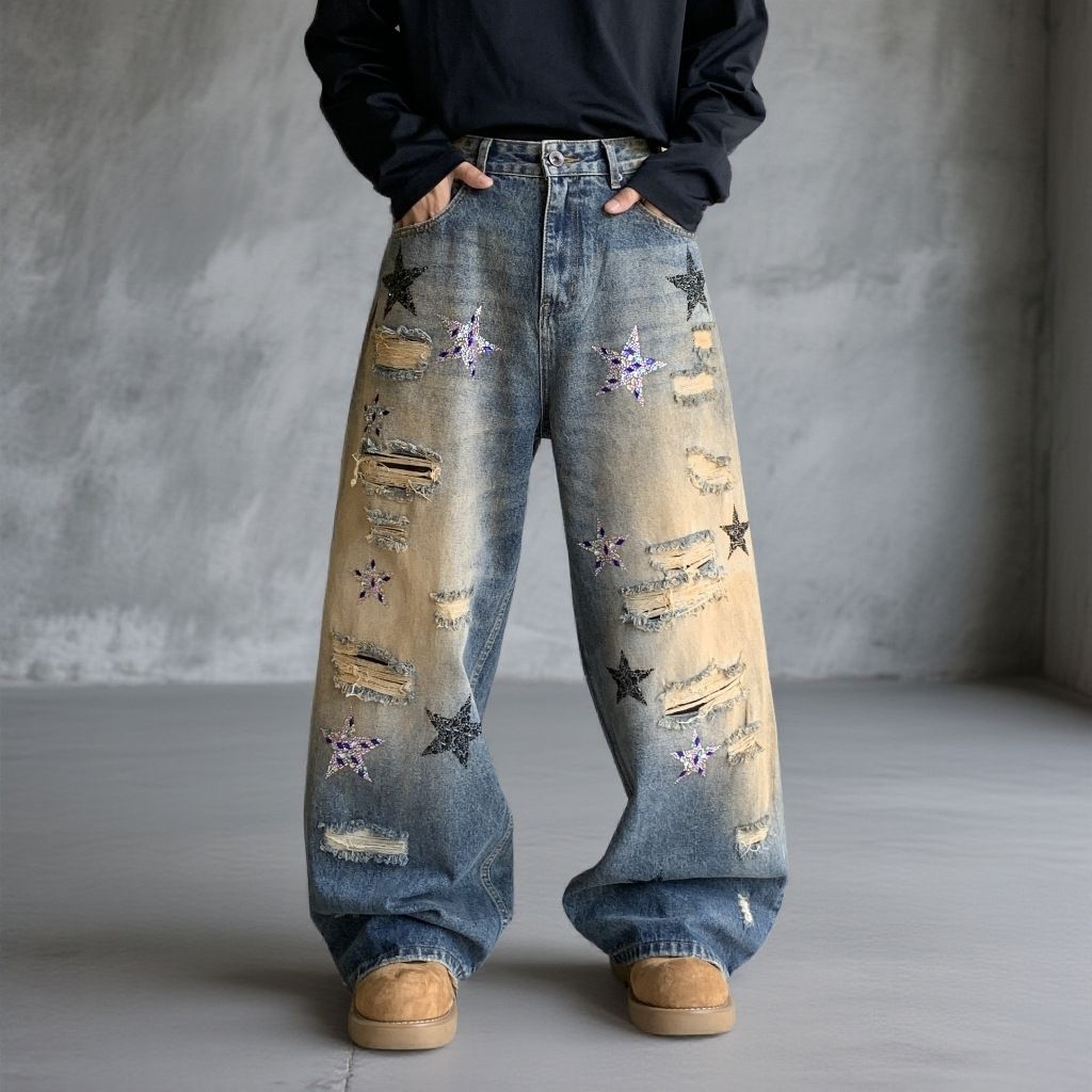 Streetwear Artist Jeans – Distressed Graffiti & Relaxed Straight Fit – Urban Baggy Denim Pants For Men_mkmklike.com