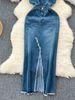 Women's Clothing Hong Kong style retro denim skirt design raw edge slit slim fit medium and long suspender dress for women spring and autumn_mkmklike.com