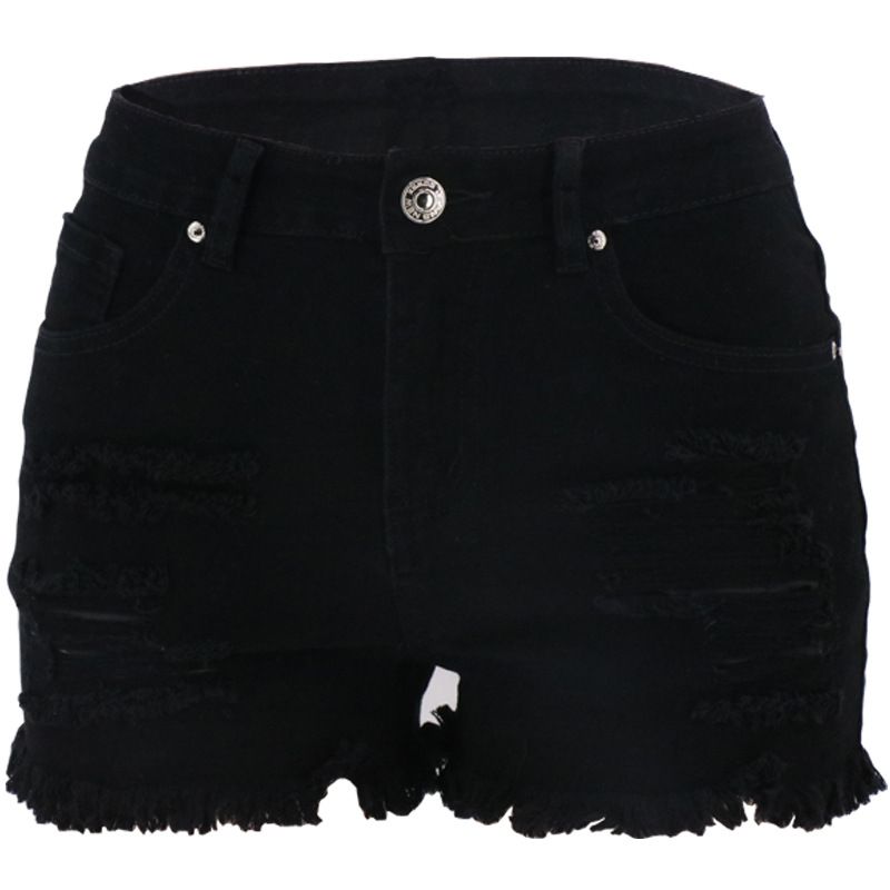 Women's Clothing Hole Washed Black And White High Waist Temperament Commuter Women's Denim Shorts_mkmklike.com