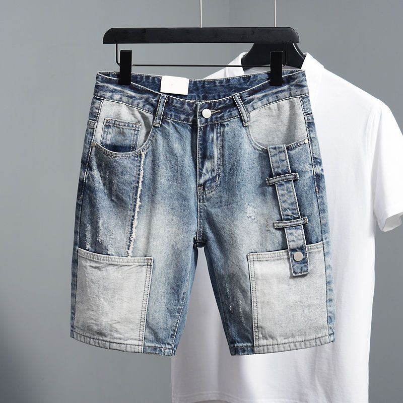 Men's Clothing Summer Thin Patchwork Denim Shorts Men's Japanese Design Loose Casual Mid Length Pants Trendy All Match 5 Point Pants_mkmklike.com