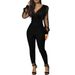 new solid color V neck mesh slim long sleeved jumpsuit trousers large stock_mkmklike.com