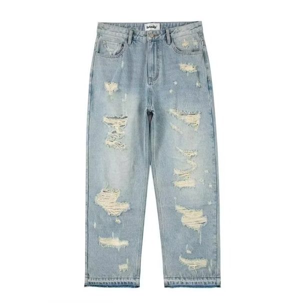 Men's Distressed Washed Denim Jeans - High Street Baggy Straight Leg Pants With Vintage Streetwear Style_mkmklike.com
