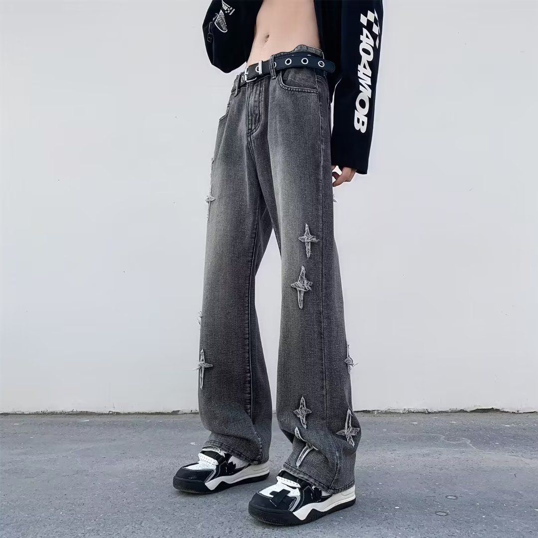 Men's Retro Hip-Hop Straight Leg Jeans - Vintage Washed Trousers For Casual Streetwear (Khaki, Black)_mkmklike.com